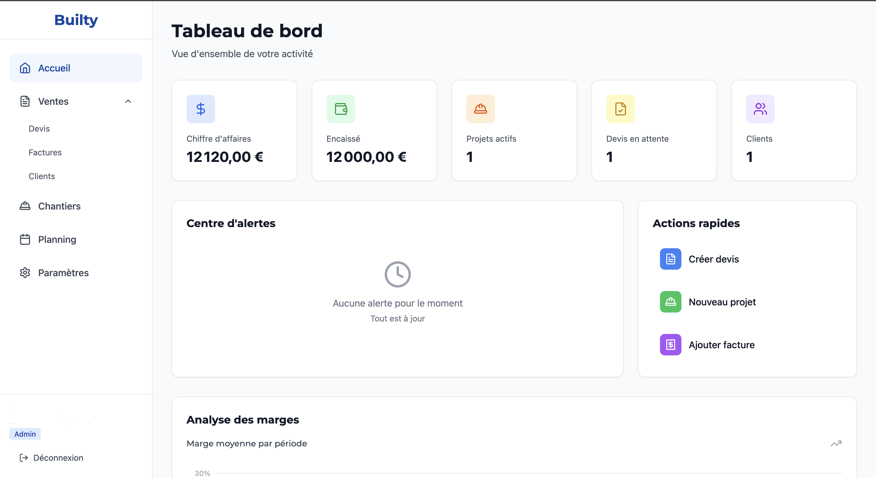 Interface de l'application Builty - Tableau de bord